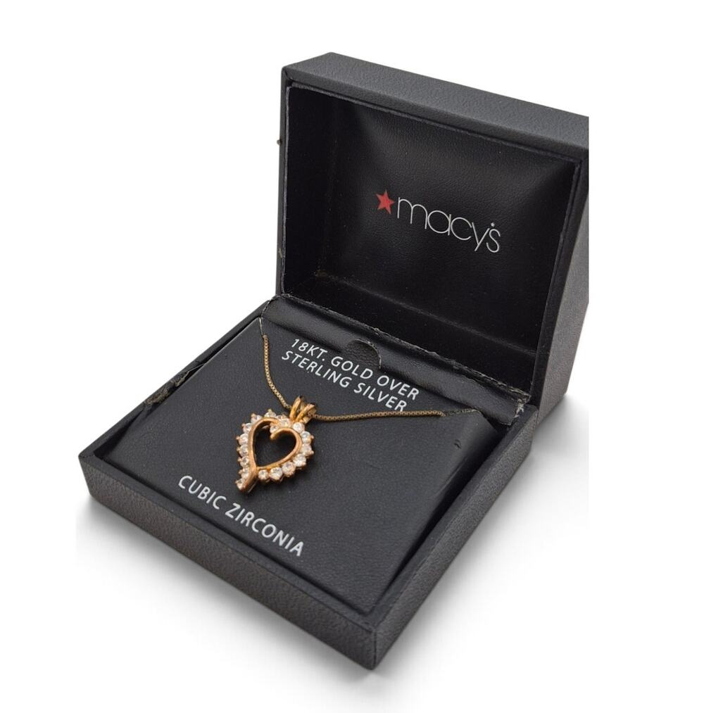 925 Sterling Silver CZ Open Heart Pendant Necklace Italy 18K GP Box